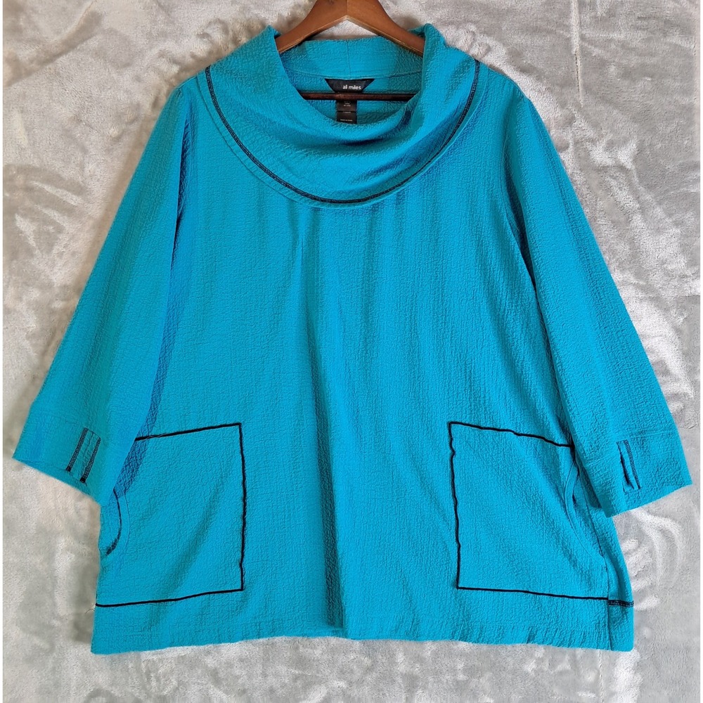 Ali Miles Tunic Top XL Turquoise Blue Textured Cowl Neck Pocket Art To Wear